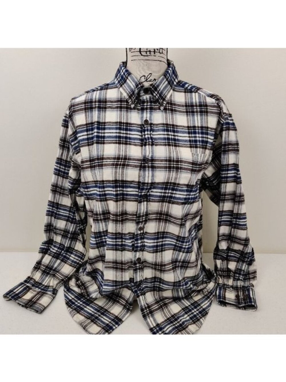 Croft & Barrow Mens Medium Plaid Button-Down Shirt Blue Brown White Long Sleeve